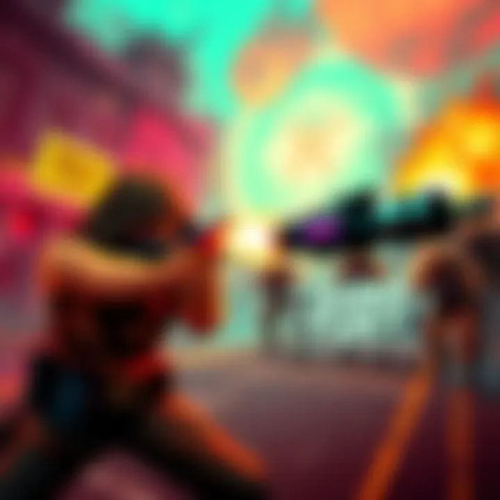 A character fires a weapon in a vibrant, pixelated environment with enemies approaching.