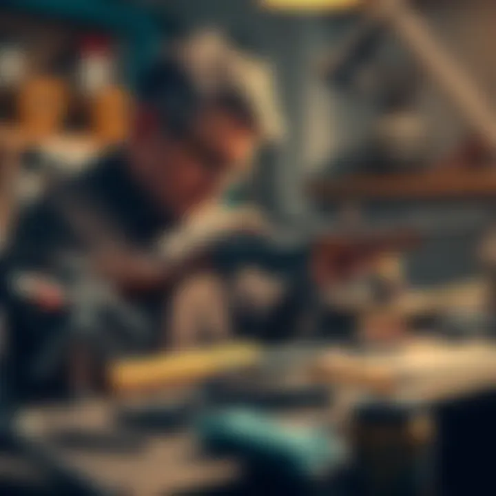 Gunsmith at Work A skilled gunsmith crafting a firearm in a modern workshop, showcasing tools and materials used in gunmaking.