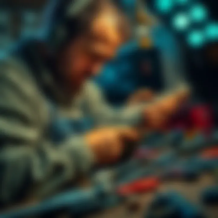 A skilled gunsmith carefully repairing a BR firearm with tools around him