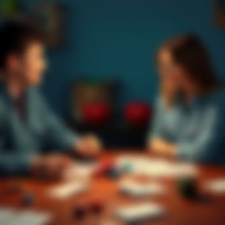 A young man and woman engaged in a friendly game of Dungeons & Dragons, with dice and character sheets spread out on the table between them, showing their excitement and connection through gaming.