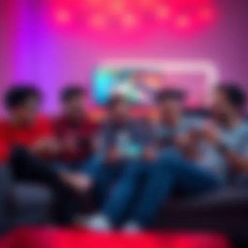 A group of guys in their 30s sitting on a couch, laughing and playing multiplayer games on a Nintendo Switch during a gaming night.