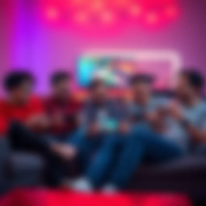 A group of guys in their 30s sitting on a couch, laughing and playing multiplayer games on a Nintendo Switch during a gaming night.