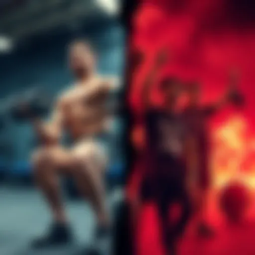 A split image showing traditional gym enthusiasts lifting weights on one side and a group of individuals embodying reckless lifestyles on the other side, highlighting the shift in fitness culture.