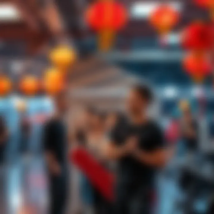 Community members enjoying festive activities at the gym for Lunar New Year, with decorations and group workouts