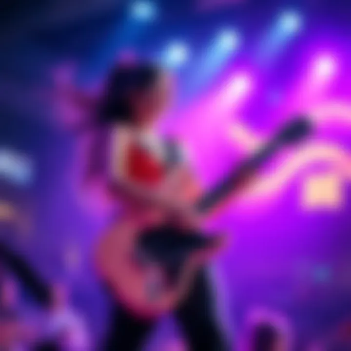 Hachu on stage playing her keytar with energy, surrounded by colorful lights and an engaged audience