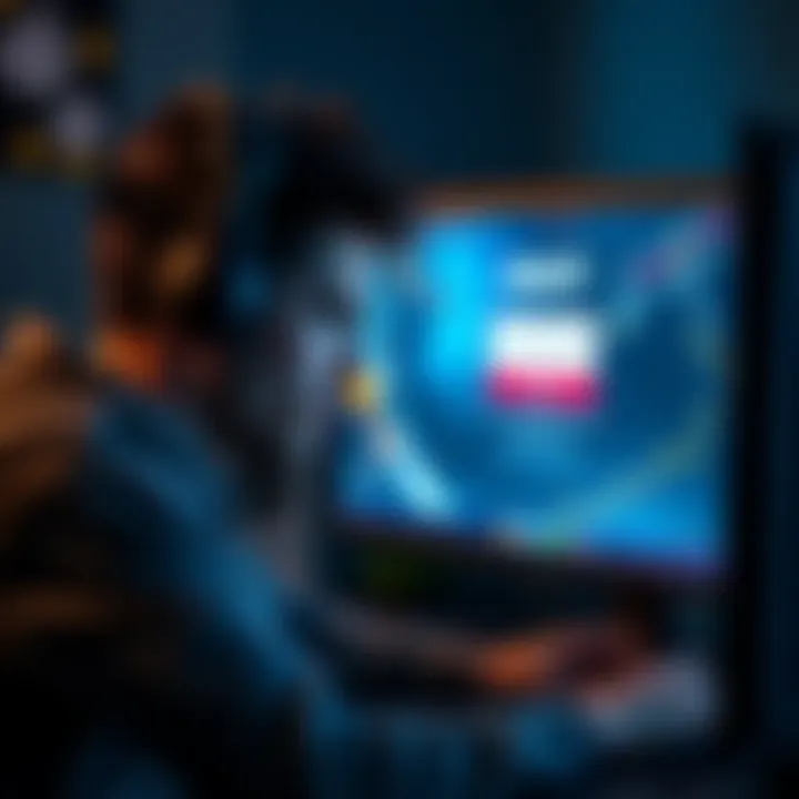 A frustrated gamer looks at their computer screen with a Ubisoft login page, visibly upset over a hacked account and lost gaming memories.