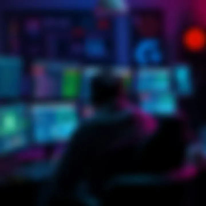 Hacker in Gaming Scene A person sitting at a computer, with multiple screens showing hacking tools and video games. The atmosphere appears tense with digital elements in the background, showcasing a struggle against cheatin...