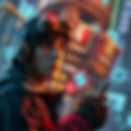 Hacker Spamming Loot in Game Tower A gamer looks concerned while a hacker fills the tower with loot items, creating a chaotic scene