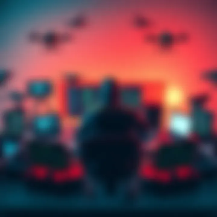 A hacker sitting at a desk with laptops, security cameras, and drones, focused on hacking tasks