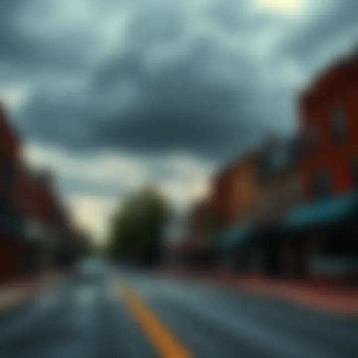 A somber view of Haddonfield, showing empty streets with faded storefronts and a cloudy sky, symbolizing a sense of loss in the community.