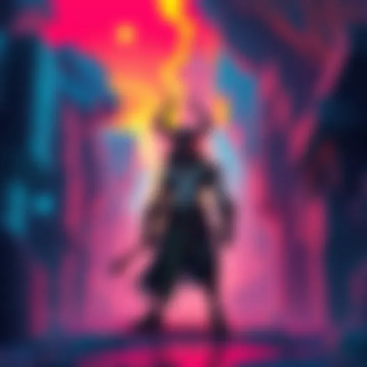 A character from the game Hades stands in a vibrant, stylized underworld, showcasing a mix of strong colors and distinct art style, reflecting a narrative-rich environment.