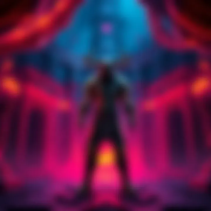 A character from Hades poses in the House of Hades, featuring vibrant colors and Greek mythology elements