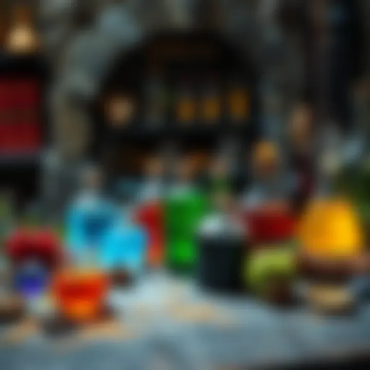 A table displaying various colorful potions resembling concoctions a hag might brew, surrounded by mystical herbs and tools