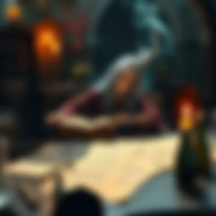 A Hag sitting at a table with scrolls and potions, planning her next move without using her powers