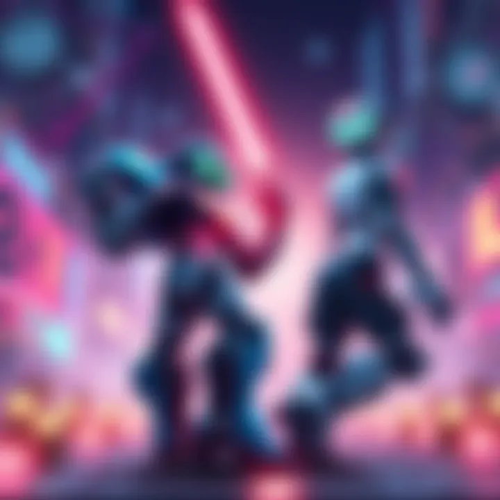 A scene depicting Haiku the Robot and MIO in a competitive pose, highlighting their Metroidvania gameplay style.