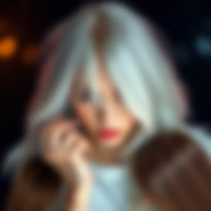 Two hair color options A woman contemplating between white and brown hair colors, with hair samples displayed beside her.