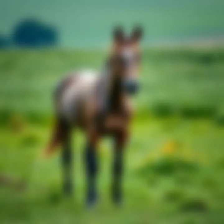 A hairless horse standing in a green pasture, showcasing its unique skin texture and body shape.