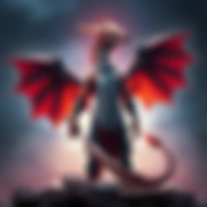 A half-dragon, half-human character stands confidently in a fantasy setting, showcasing dragon-like features such as scales and wings, ready for gaming adventures.