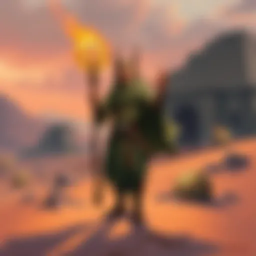 A half-elf sorcerer holds a glowing staff in a sandy desert, surrounded by ancient ruins and mystical symbols.