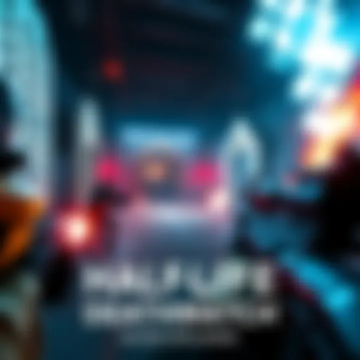 A scene showing players in a virtual arena of Half-Life Deathmatch, engaged in combat with weapons, surrounded by iconic game elements.