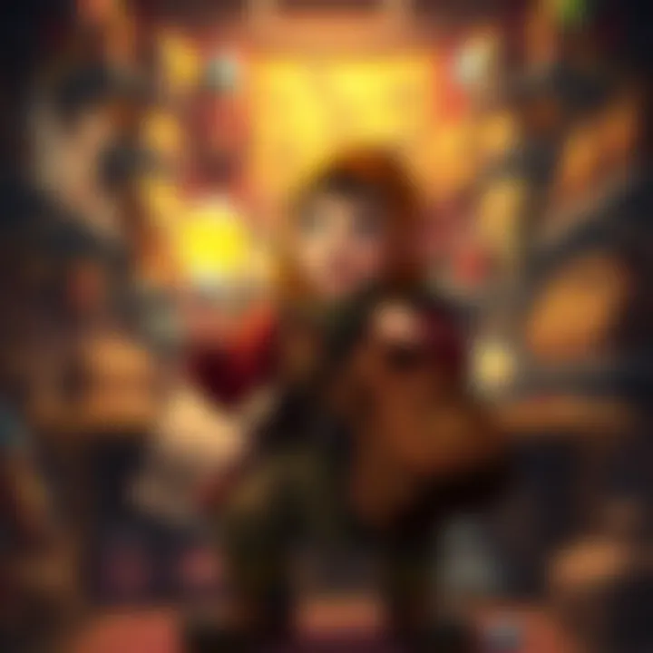 A halfling rogue character holding a magical bag of holding, looking excited in a fantasy setting filled with adventure gear