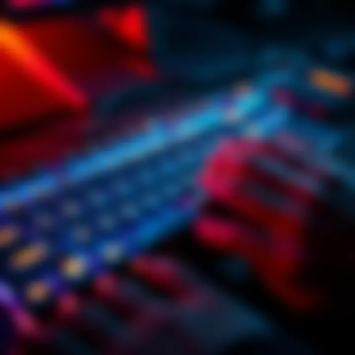 Close-up of a hall effect keyboard with glowing keys, showing hands in a gaming position