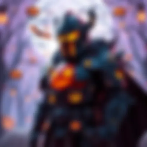 A character wearing Halloween Baro's unique armor, featuring spooky designs and festive colors, set against a Halloween-themed background.