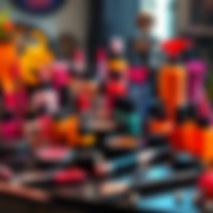 An assortment of colorful Halloween cosmetics including face paints, glitter, and spooky-themed makeup products on a table.