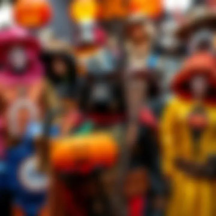 Halloween Costumes of Famous Characters A colorful display of Halloween costumes inspired by iconic characters, showcasing creative designs and accessories.