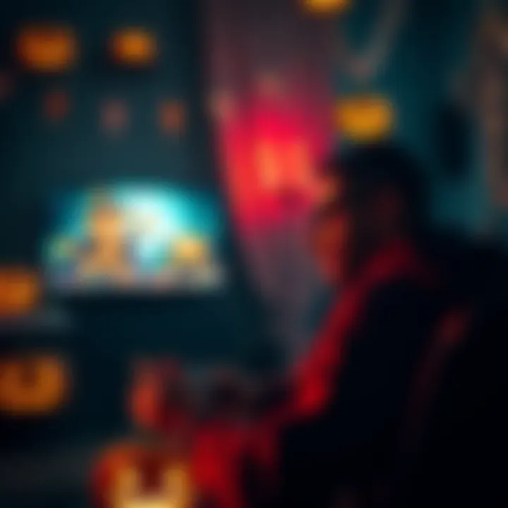 A person playing a horror-themed video game with spooky decorations around them for Halloween.