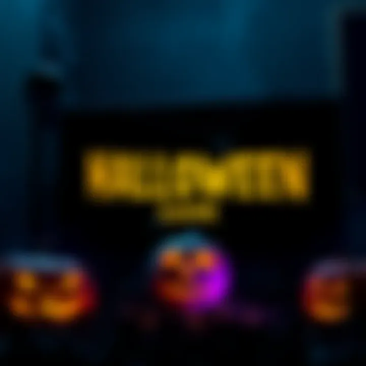 A spooky title screen featuring a pumpkin and a mask, capturing the Halloween theme of the game.