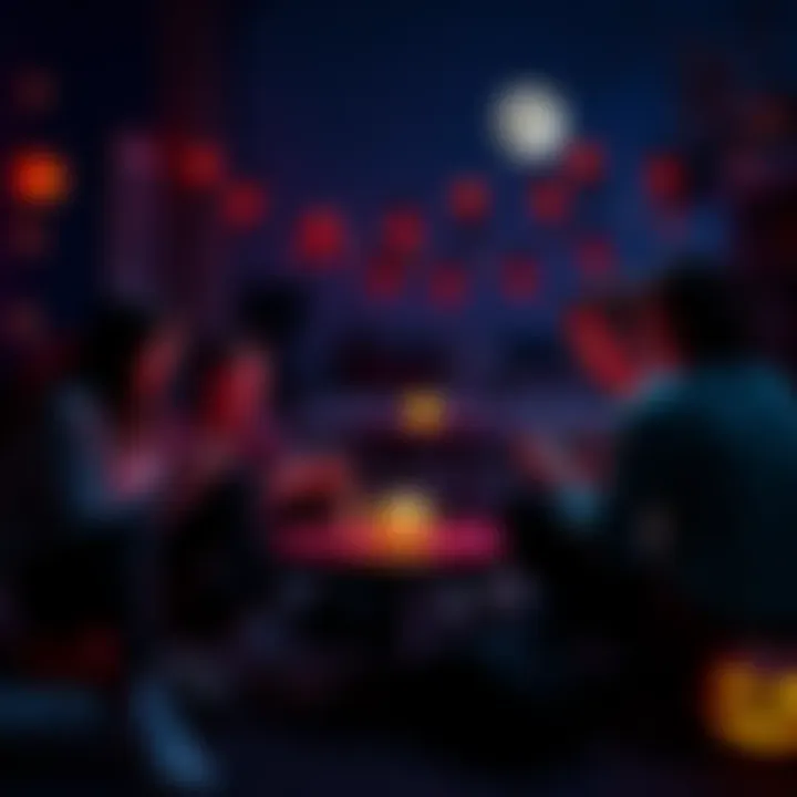 A group of friends sitting together playing horror video games with dim lighting and spooky decorations around them.