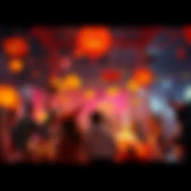 A lively Halloween party scene with festive decorations, carved pumpkins, and people in costumes enjoying the celebration.