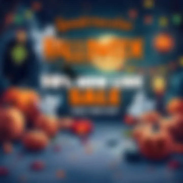 A spooky Halloween scene with pumpkins, ghosts, and festive decorations promoting discounts.