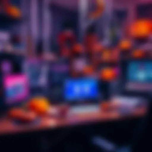 A cluttered work desk with Halloween decorations like pumpkins and cobwebs, showing the clash between work and festive spirit