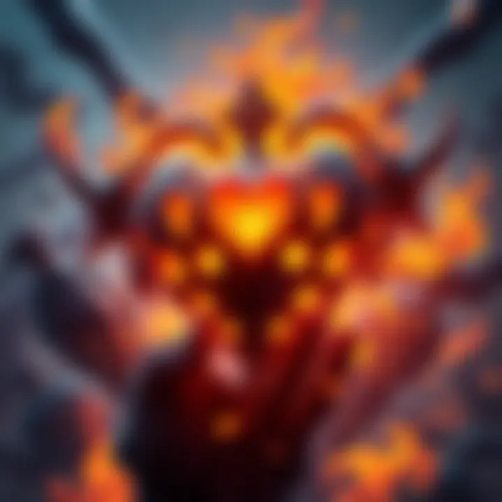 Concept art showing the Hallowfire Heart with new fiery abilities and a glowing aura, surrounded by gaming elements