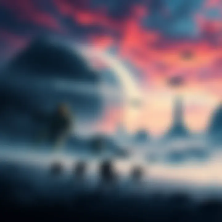 A futuristic landscape showcasing elements from Halo 2, with characters in battle and a vibrant sky.