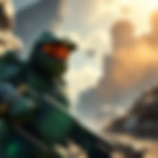 Concept art showing a reimagined scene from Halo 3, featuring Master Chief in action with updated graphics and environment details