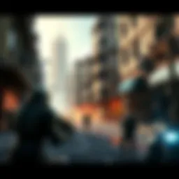 A scene from Halo 3 ODST showing the urban environment of New Mombasa with characters exploring the streets and engaging in combat.