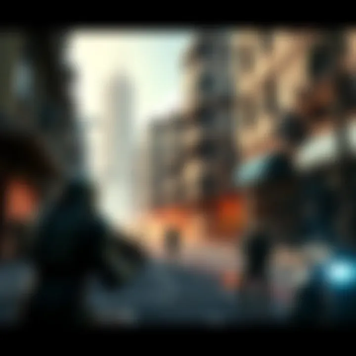 A scene from Halo 3 ODST showing the urban environment of New Mombasa with characters exploring the streets and engaging in combat.