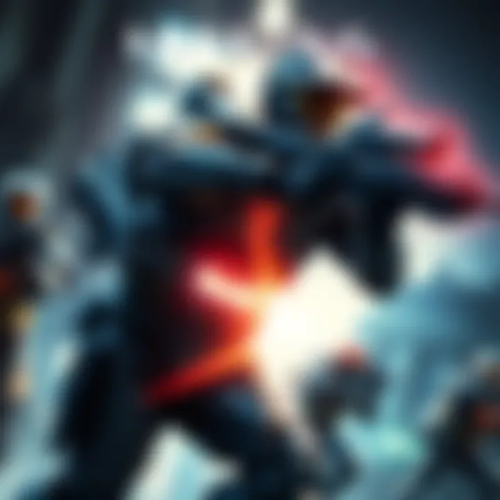 A character in Halo 4 demonstrating advanced armor abilities in an action scene with weapons drawn.