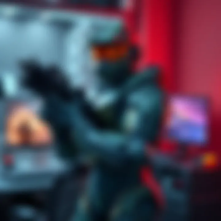 A digital artwork depicting a futuristic soldier from Halo 5 holding a weapon, with a gaming setup featuring a PC and large monitor in the background.