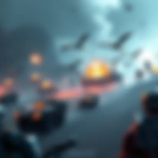 A battle scene in an expansive Warzone with iconic vehicles like scarabs and pelicans, showcasing various clans engaged in multiplayer action.