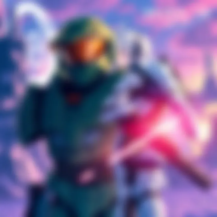 An artistic portrayal of Master Chief alongside a white-haired Spartan in action within a futuristic landscape.