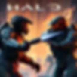 Halo Battle Scene Two fighters engage in an epic Halo battle with weapons drawn and intense expressions.