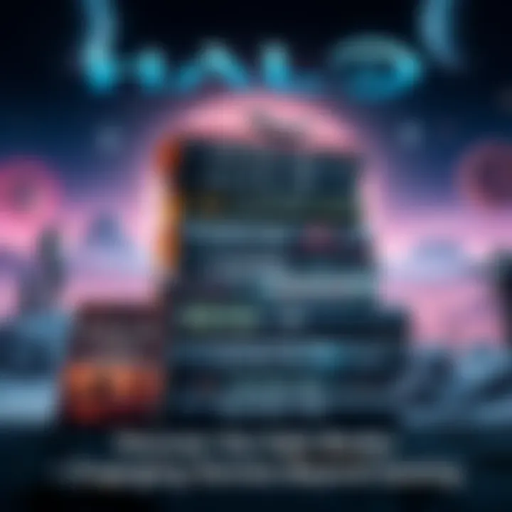 Halo Books Collection A stack of Halo books showcasing their covers, set against a backdrop of a futuristic landscape with space elements.