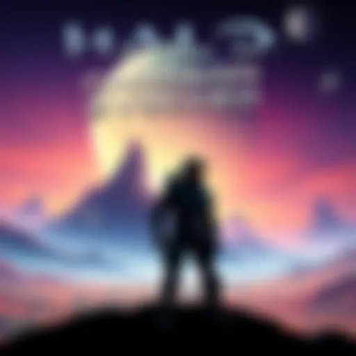 A digital illustration of a futuristic soldier in armor standing with a view of a vibrant alien landscape, promoting the new Halo: Campaign Evolved game set to launch soon.