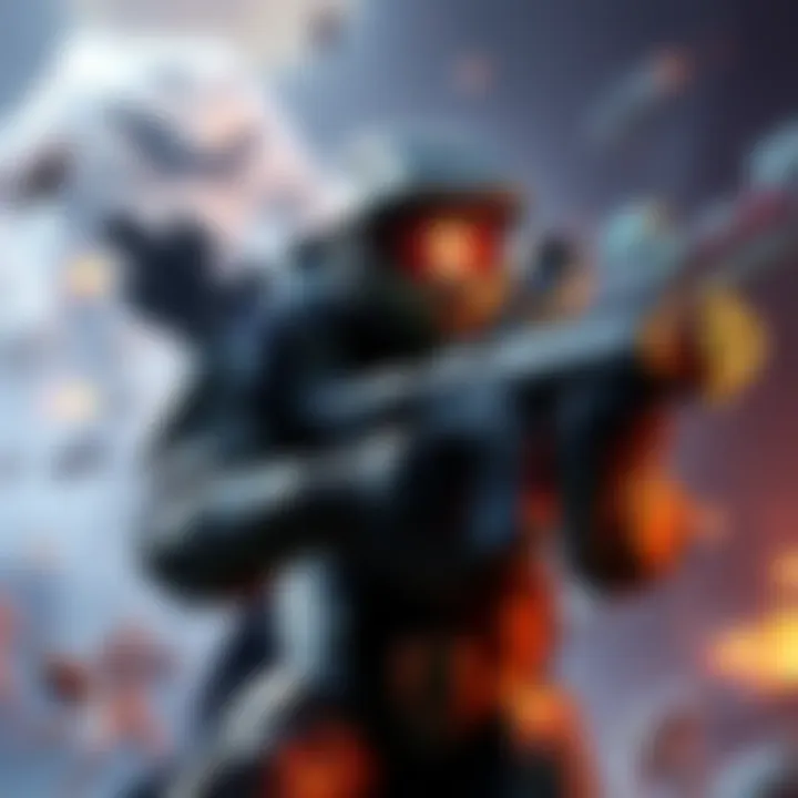 Halo Campaign Third-Person Gameplay A character from the Halo campaign shown in a third-person view, engaging in action with various weapons and a dynamic environment.
