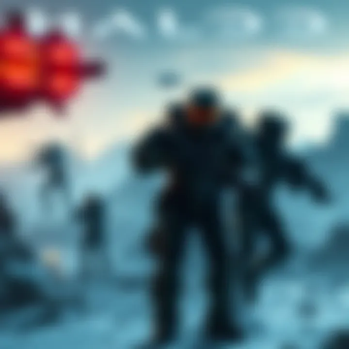 Halo Extraction Shooter Concept A visual concept of a team of soldiers in futuristic armor engaging in an extraction mission with weapons drawn, set against a sci-fi landscape.