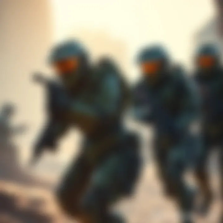 Team of soldiers in futuristic armor working together in a game setting to complete a mission, emphasizing teamwork and strategy.
